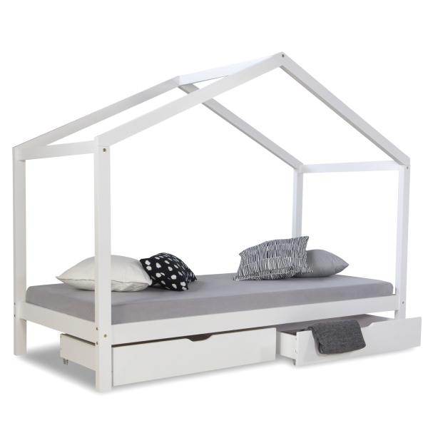 Kinderbett Hausbett 90x200 Kinderhaus Spielbett Holzbett Weiss Bettkasten