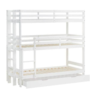 Kinderbett Etagenbett 90x200 cm Dreifachbett Hochbett mit Bettkasten Weiss Holz
