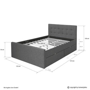 Polsterbett 120x200 mit 2 Bettkästen und Lattenrost Grau