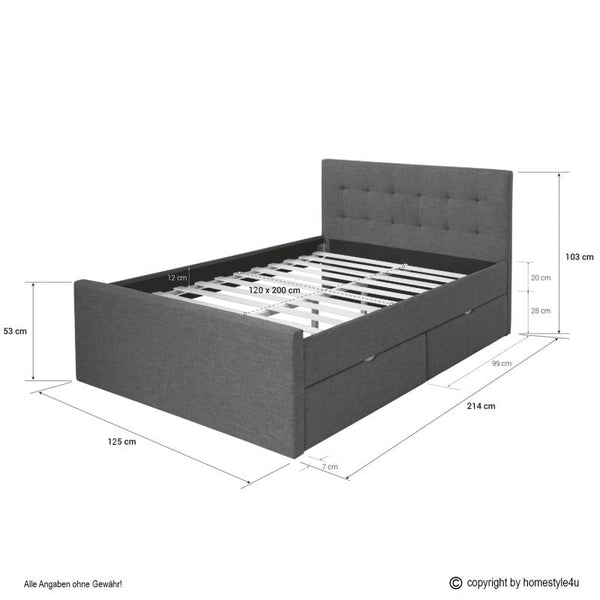 Polsterbett 120x200 mit 2 Bettkästen und Lattenrost Grau
