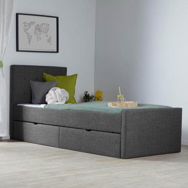 Polsterbett 90x200 cm Grau Einzelbett Tagesbett mit Lattenrost 2 Schubladen