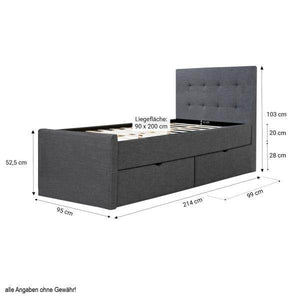 Polsterbett 90x200 cm Grau Einzelbett Tagesbett mit Lattenrost 2 Schubladen