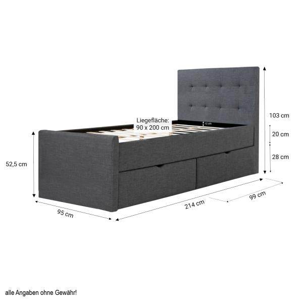 Polsterbett 90x200 cm Grau Einzelbett Tagesbett mit Lattenrost 2 Schubladen