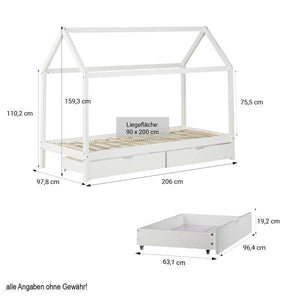Kinderbett Kinderhaus Spielbett Hausbett 90x200 cm Weiss mit Bettkasten