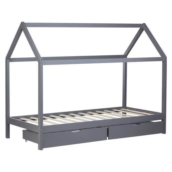 Kinderbett Kinderhaus Spielbett Hausbett 90x200 cm Grau mit Bettkasten