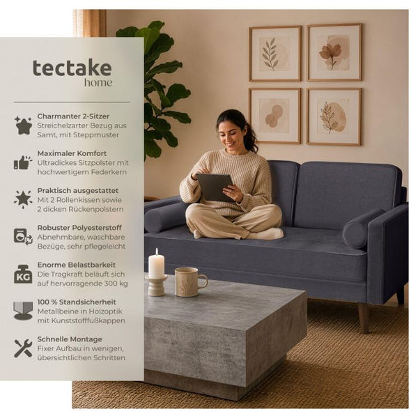 Sofa Skagen 2-Sitzer mit Federkern Samtoptik grau