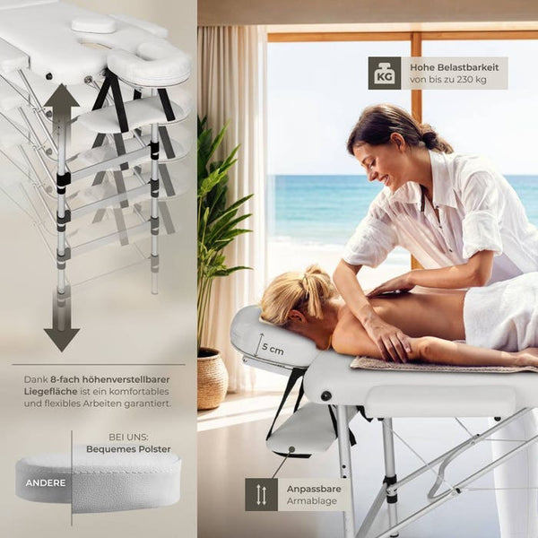 3 Zonen Massageliege mit 5cm Polsterung und Aluminiumgestell weiss