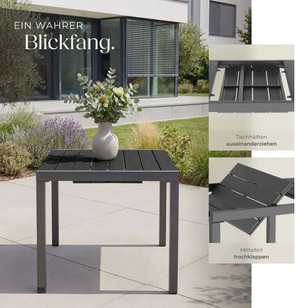 Gartentisch Inca Aluminium ausziehbar Holzoptik schwarz 80 x 80 (120) cm