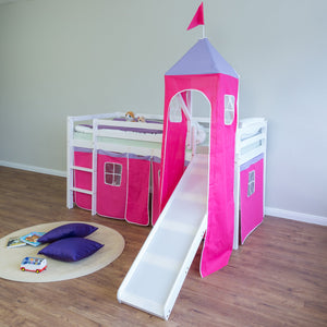 Hochbett Kinder 90x200 cm Weiss mit Vorhang in Pink | Turm | Rutsche | ohne Lattenrost