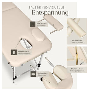 3 Zonen Massageliege mit 5cm Polsterung, Rollen und Aluminiumgestell beige