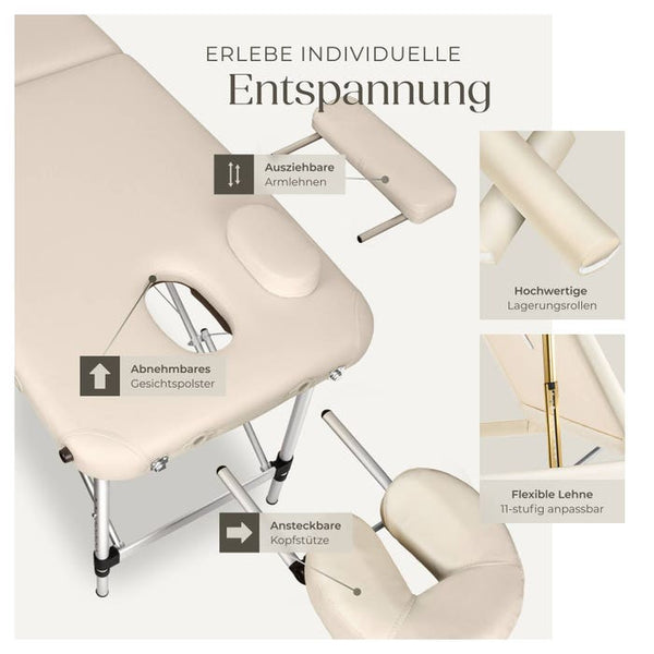 3 Zonen Massageliege mit 5cm Polsterung, Rollen und Aluminiumgestell beige