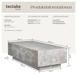 Couchtisch Lasley Beton Optik 120 x 60 x 35 cm