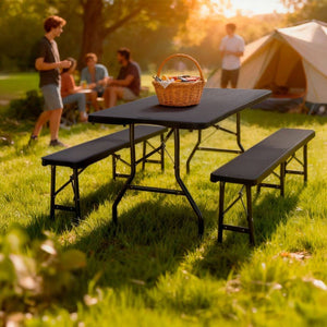 Campingtischgarnitur klappbar schwarz-Rattanoptik