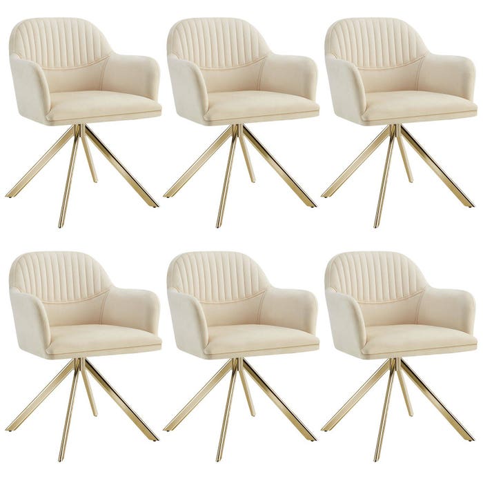 Fauteuil pivotant en velours Lona crème/or, lot de 6