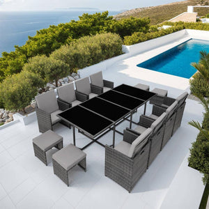 Rattan Sitzgruppe Palma 8+4+1 mit Schutzhülle grau/hellgrau