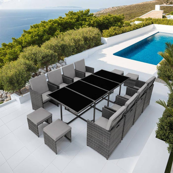 Rattan Sitzgruppe Palma 8+4+1 mit Schutzhülle grau/hellgrau