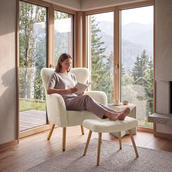 Sessel mit Hocker Vänersborg Bouclé creme/gold