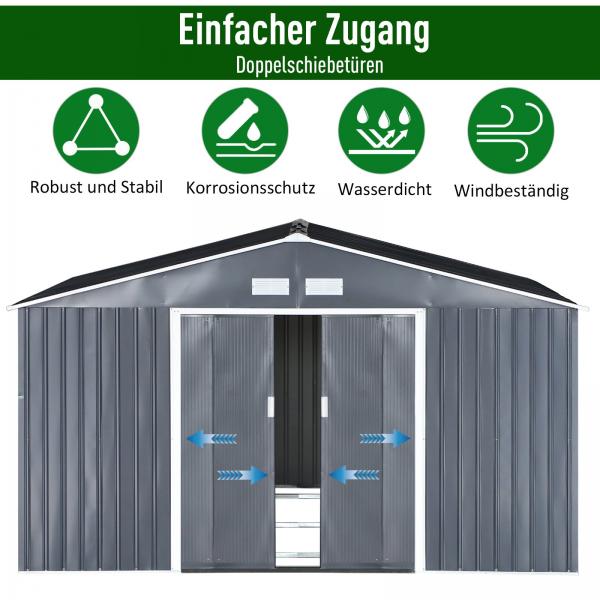 Geräteschuppen, Wetterfestes Gartenhaus mit Belüftungsfenstern Stahl, Kohlegrau
