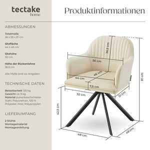 Samt-Drehstuhl Lona creme/schwarz 2er Set