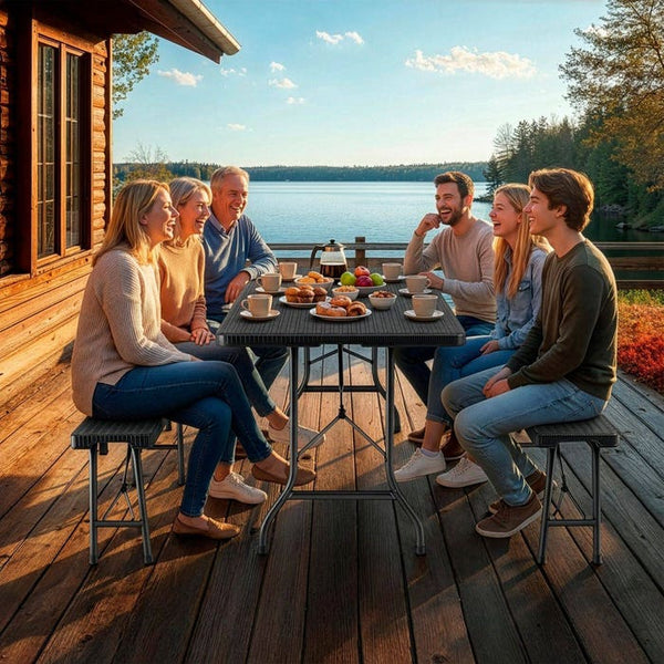 Campingtischgarnitur klappbar schwarz-Rattanoptik