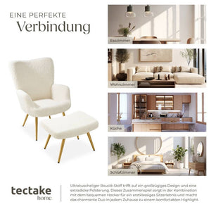 Sessel Hygge gepolstert, ergonomisch, Belastbarkeit 150 kg Bouclé creme/gold mit Hocker