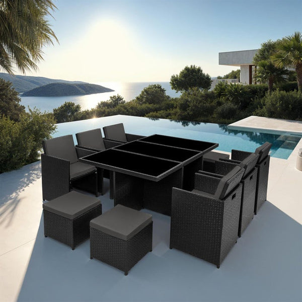 Aluminium Rattan Sitzgruppe New York 6+4+1, schwarz