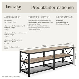 Lowboard Industrial Holz hell, Eiche Sonoma 141 cm