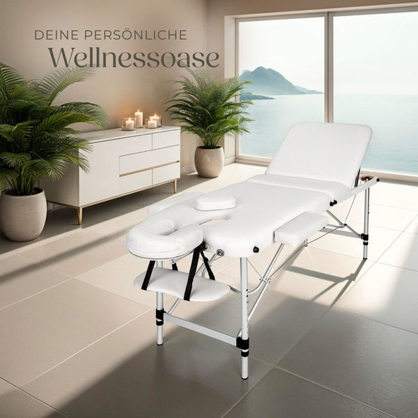 3 Zonen Massageliege mit 5cm Polsterung, Rollen und Aluminiumgestell weiss