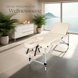 3 Zonen Massageliege mit 5cm Polsterung, Rollen und Aluminiumgestell beige