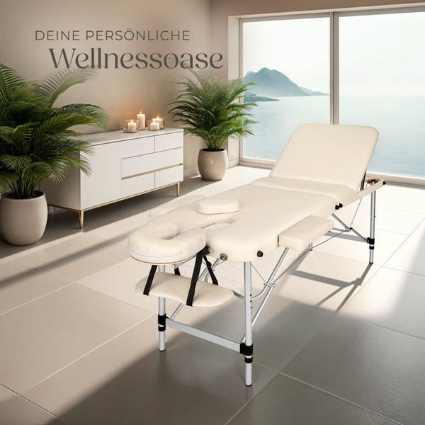 3 Zonen Massageliege mit 5cm Polsterung, Rollen und Aluminiumgestell beige