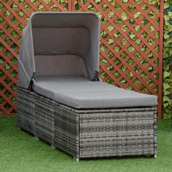 Sonnenliege aus Polyrattan mit Sonnendach Gartenliege grau