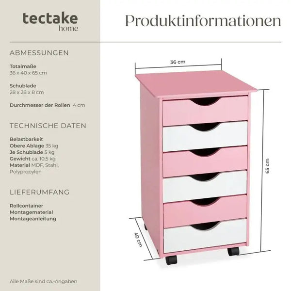 Rollcontainer aus Holz mit 6 Schubladen rosa