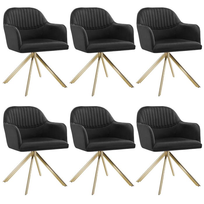 Fauteuil pivotant en velours Lona noir/or, ensemble 6 pièces