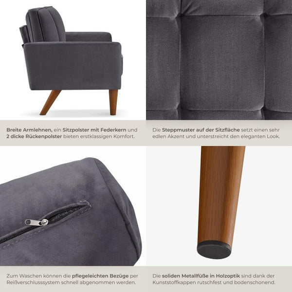 Sofa Skagen 2-Sitzer mit Federkern Samtoptik grau