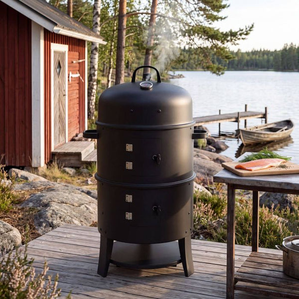 Räuchertonne 3in1 mit 2 Grillrosten und Thermometer schwarz