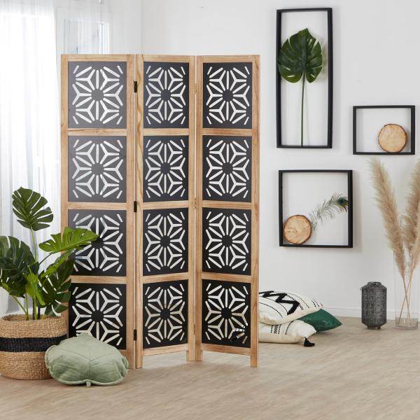 Paravent Raumteiler 3 fach Holz Trennwand spanische Wand Natur Schwarz