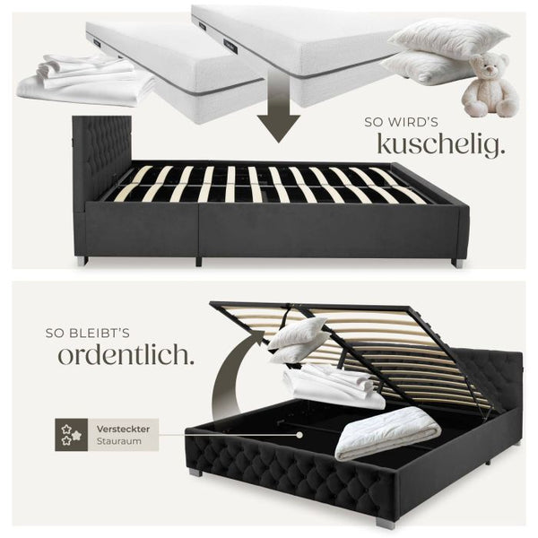 Bettset Polsterbett mit LED und Matratze Samtoptik schwarz 180 x 200 cm