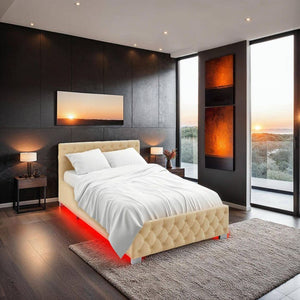 Polsterbett mit LED-Leisten & Stauraum beige 140 x 200 cm