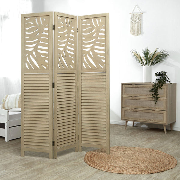 Paravent Natur Rattan-Optik Verzierungen 3 teilig Raumteiler Trennwand Sichtschutz