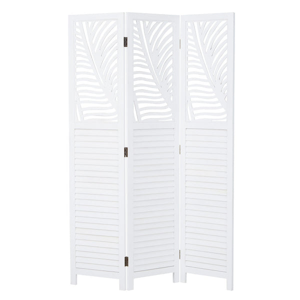 Paravent Weiss Rattan-Optik Verzierungen 3 teilig Raumteiler Trennwand Sichtschutz