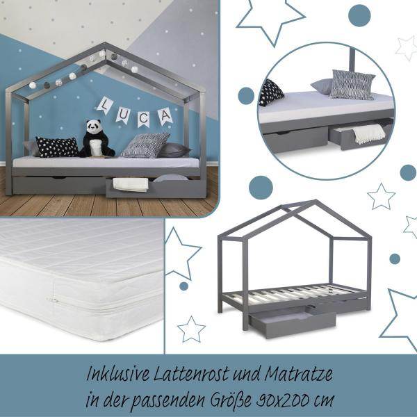 Kinderbett Hausbett 90x200 cm + Matratze Kinderhaus Spielbett Holzbett Bettkasten