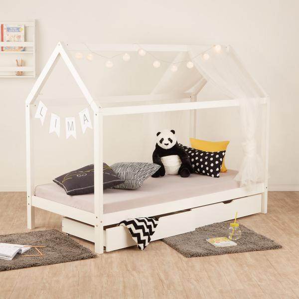 Kinderbett mit Matratze Kinderhaus Spielbett Hausbett 90x200 cm Weiss mit Bettkasten