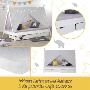 Kinderbett mit Matratze TIPI 90x200 mit 2 Bettkästen Weiss Holzbett Indianer