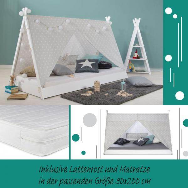 Kinderbett mit Matratze TIPI 90x200 Jugendbett weiss grau Holzbett Kinderzimmer Stoff