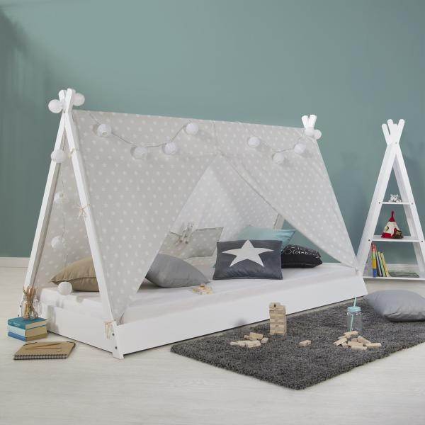Kinderbett mit Matratze TIPI 90x200 Jugendbett weiss grau Holzbett Kinderzimmer Stoff