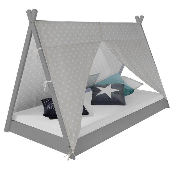 Kinderbett mit Matratze TIPI 90x200 Jugendbett grau Holzbett Kinderzimmer Stoff