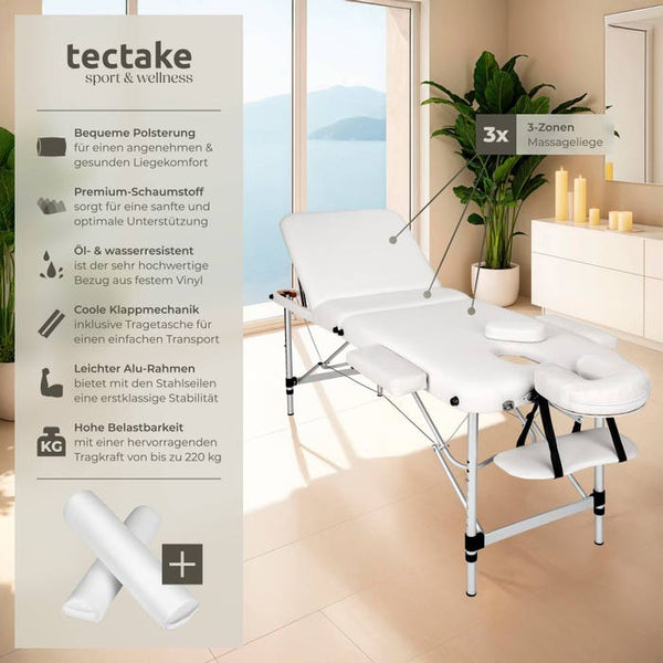 3 Zonen Massageliege mit 5cm Polsterung, Rollen und Aluminiumgestell weiss