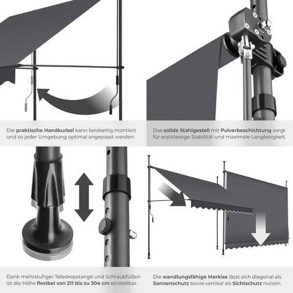 Klemmmarkise schwarz/grau 300 x 180 cm