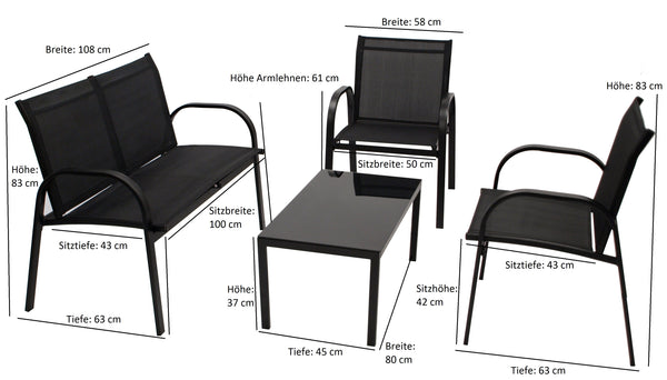 Lounge Set Sitzgruppe ARONA 4-teilig, Metall + Kunstgewebe schwarz