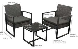 Garnitur MALTA 3-teilig, Metall schwarz und Polyrattan schwarz, mit Polstern